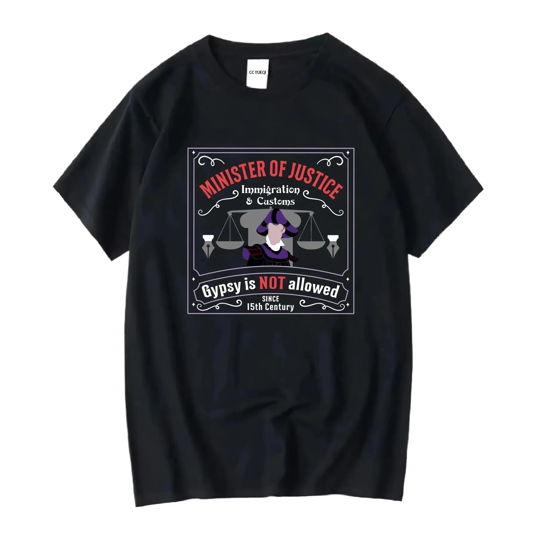 T-shirt avec logo Le Coucherçon de Notre-Dame, thème Ministre de la Justice, de l'Immigration et des Douanes, Claude Frollo, tenues professionnelles vintage