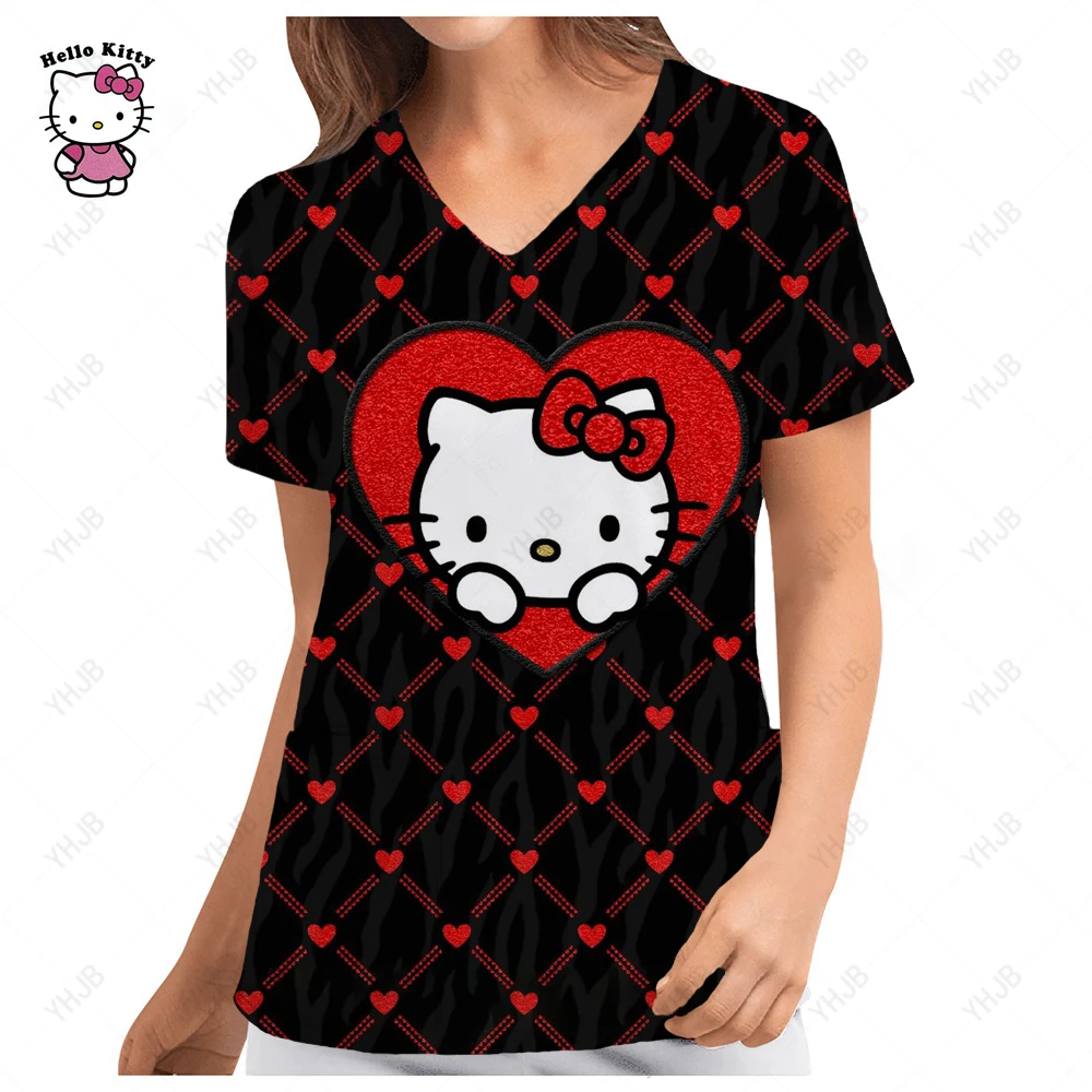 

Униформа для кормления Hello Kitty, женская рабочая одежда, скрабы, топ с v-образным вырезом и двумя карманами, униформа с короткими рукавами и 3D принтом, блузка