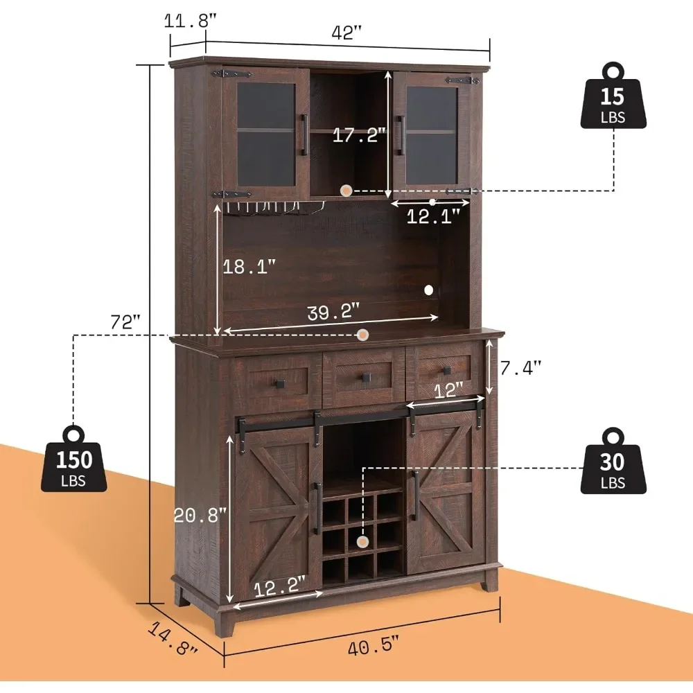 Coffee Bar Cabinet with Sliding Barn Door, 72'' Farmhouse Kitchen Sideboard, Buffet Storage Table, Wine Glass Racks