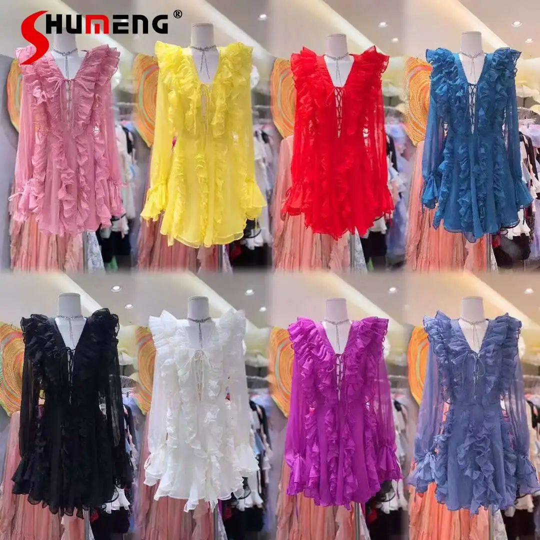 

Spring Summer Ruffles Waist-Tight Slimming V-Neck Lace-up Chiffon Dress Sexy Long Sleeve Trimming Dress Fairy Beach Wear