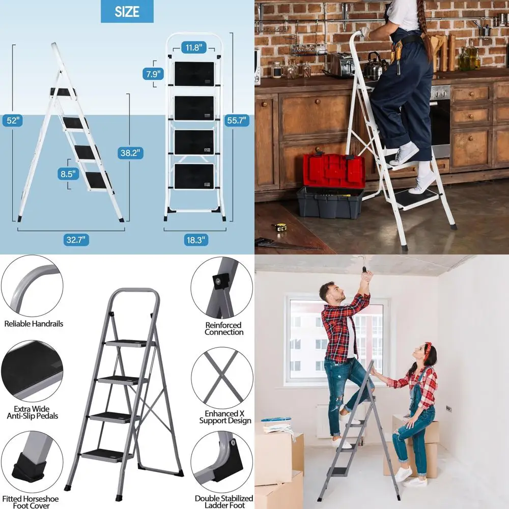 

4 Step Ladder olding Step Stool with Wide Anti-Slip Pedal, Convenient Handgrip, Portable Steel Step Stool, 330 lbs Sturdy Steel