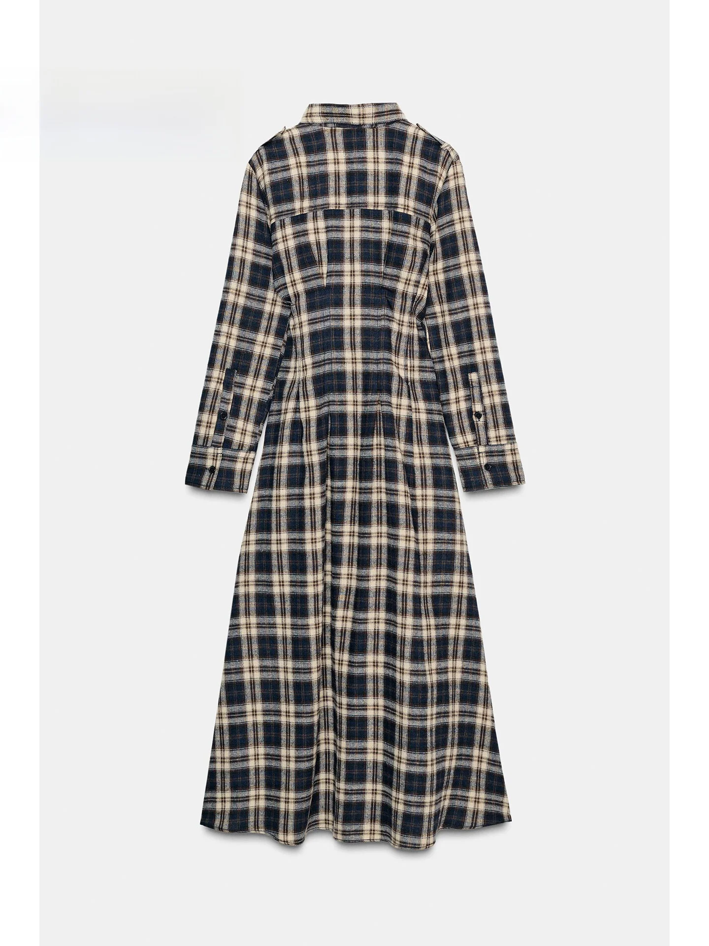 Zimowa sukienka midi z długim rękawem, plisowana, w kratę, z podkreśloną talią, elegancka, długa, codzienna, z wysokim stanem, zapinana na jeden guzik.