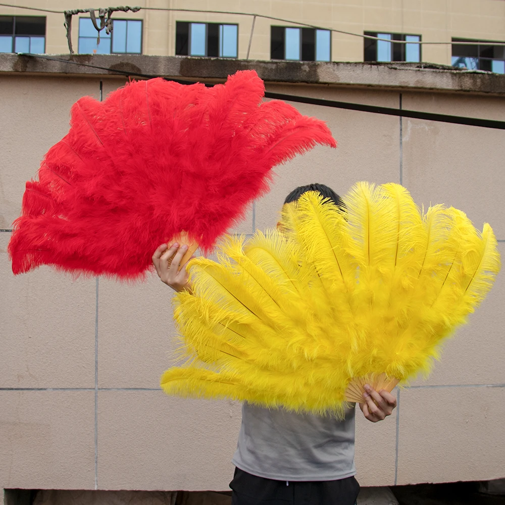 

Large Red Yellow Ostrich Feathers Fan With Bamboo Folding Fan Wedding Stage Performance Show Dance Props Fluffy Fan 100CM 13Bone