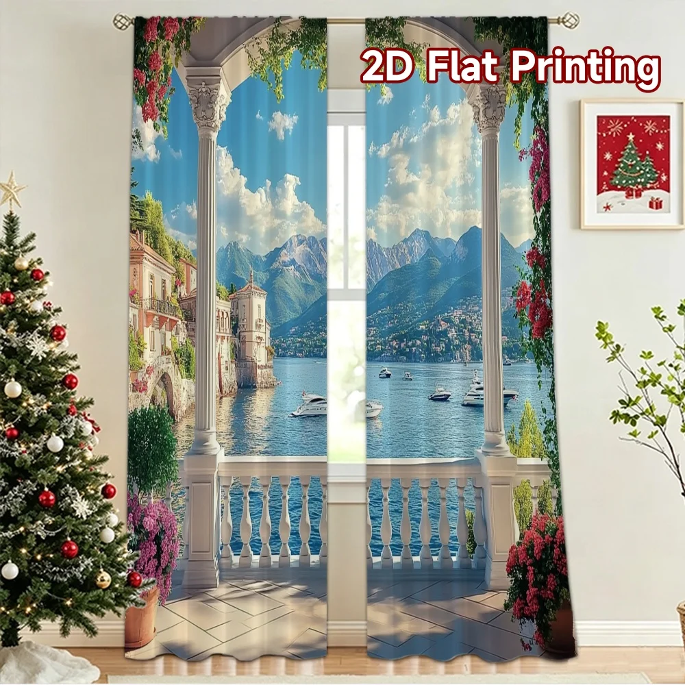 2D flat 2pcs Curtain Country Style Lakeside Villa View Durable polyester fiber Party & Holiday Decor Perfect for New Year