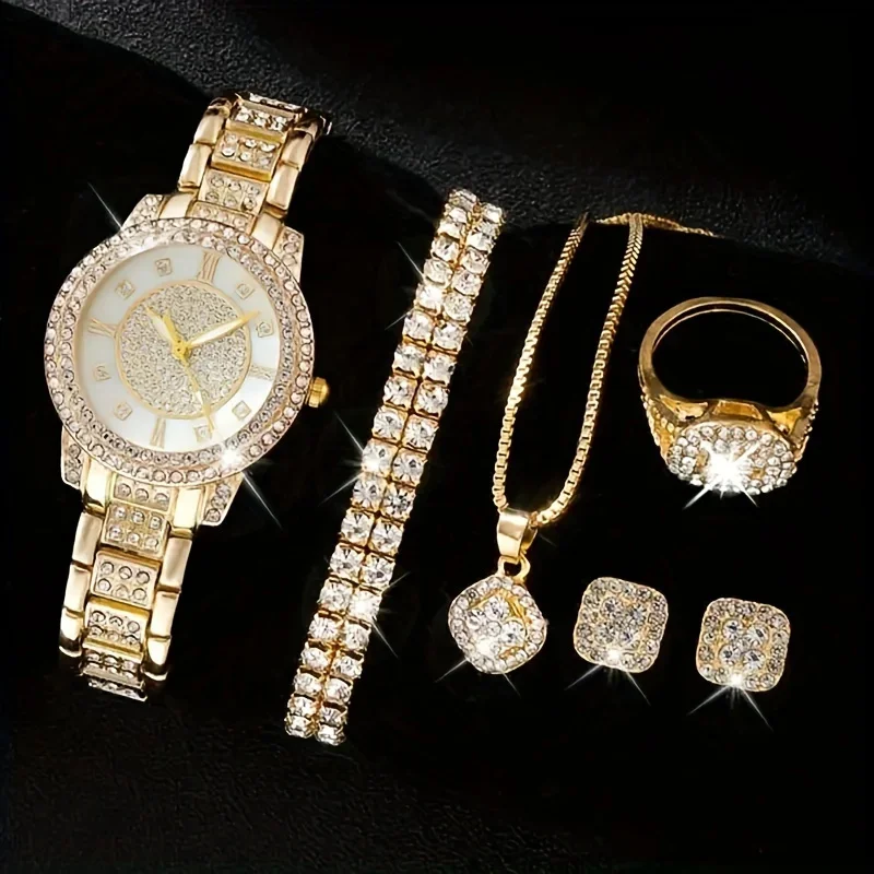 6pcs/set Women\'s Watch Luxury Rhinestone Quartz Watch Analog Stainless Steel Wrist Watch & Jewelry Set, Gift For Mom Her