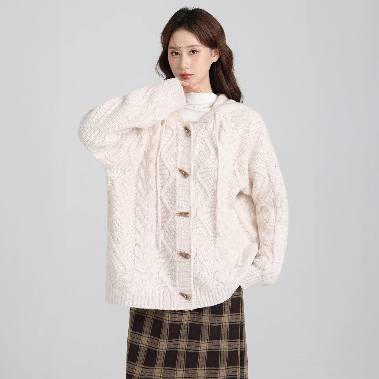 

Lazy StyleLoose Fried Dough Twists Hooded Sweater Women's Autumn and Winter Knitting Cardigan Niche Design Top