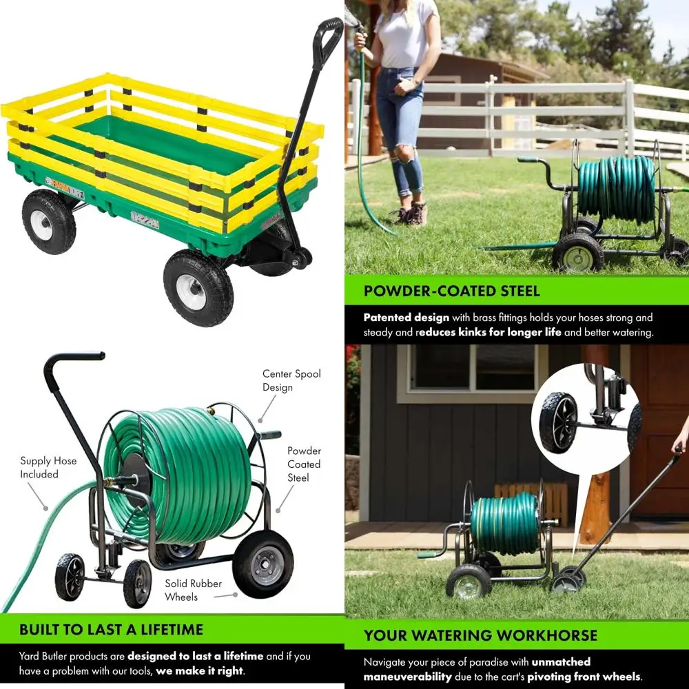 

Sturdy Plastic Garden Utility Wagon with Detachable Side Racks and Air-filled Tires for Outdoor Transport, Green & Yellow, Size