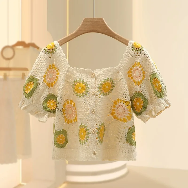 Granny Square Crochet Top Puff Sleeve Square Neck Button Front Openwork Cardigan for Women Teen-girl Boho Summer Vacation Outfit