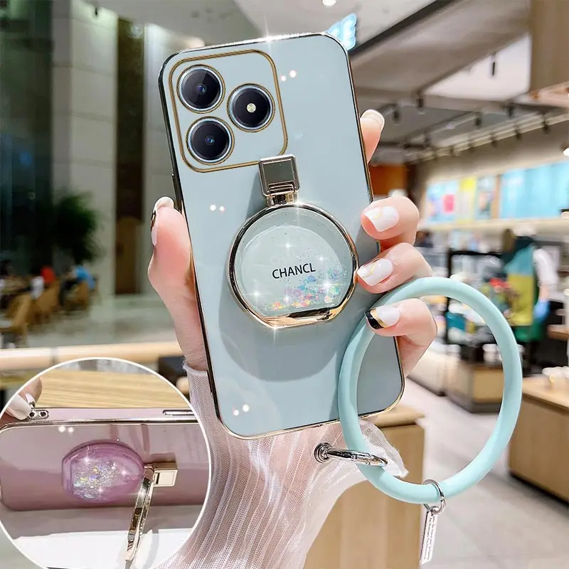 C63 Perfume Bottle Plating Phone Holder Case For Realme C63 C53 C51 C65 C55 C67 C61 Shatterproof Soft Back Cover