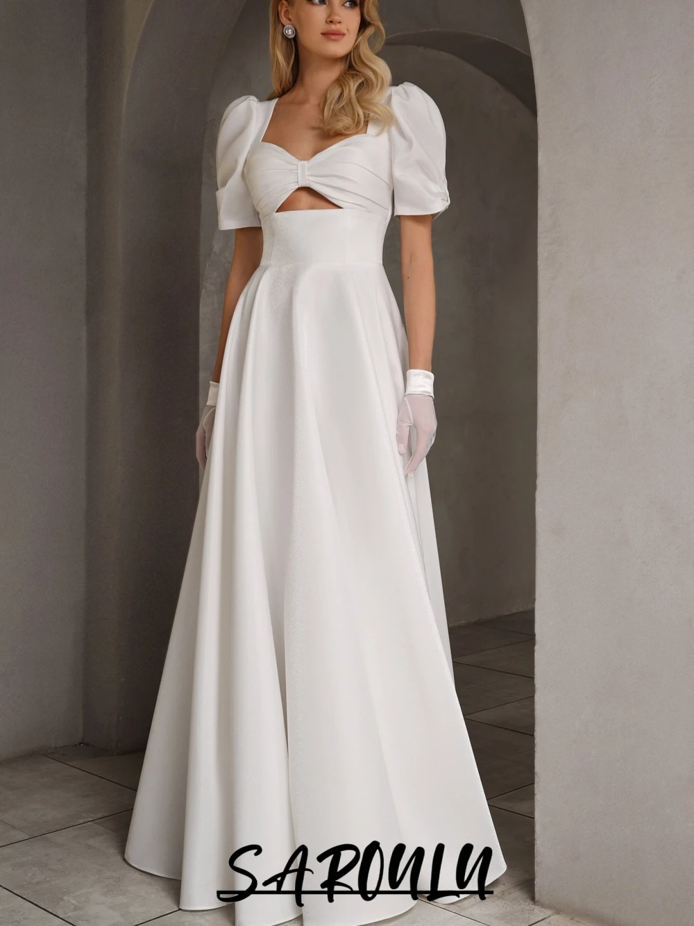 

SAROULU Simple A line Puff Sleeves Wedding Dress Glitter V Neck Bride Wear Customized Chic Cut Out Long Bridal Gown No Gloves