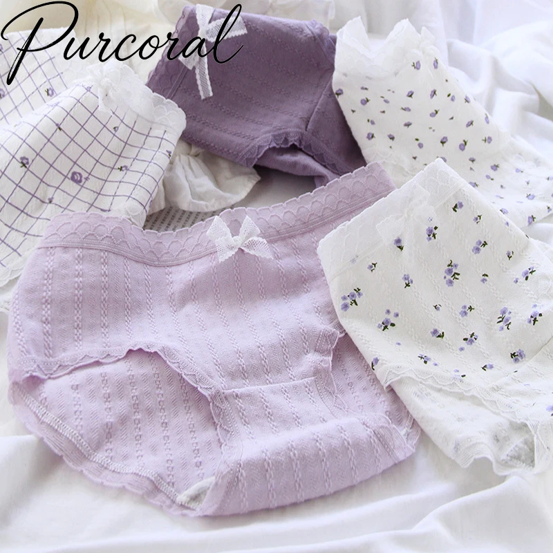 Women Purple Floral Cotton Panties Lace Ruffle Mesh Bow Mid Waist Briefs Sweet Tiny Flower Grid Print Soft Breathable Underwea