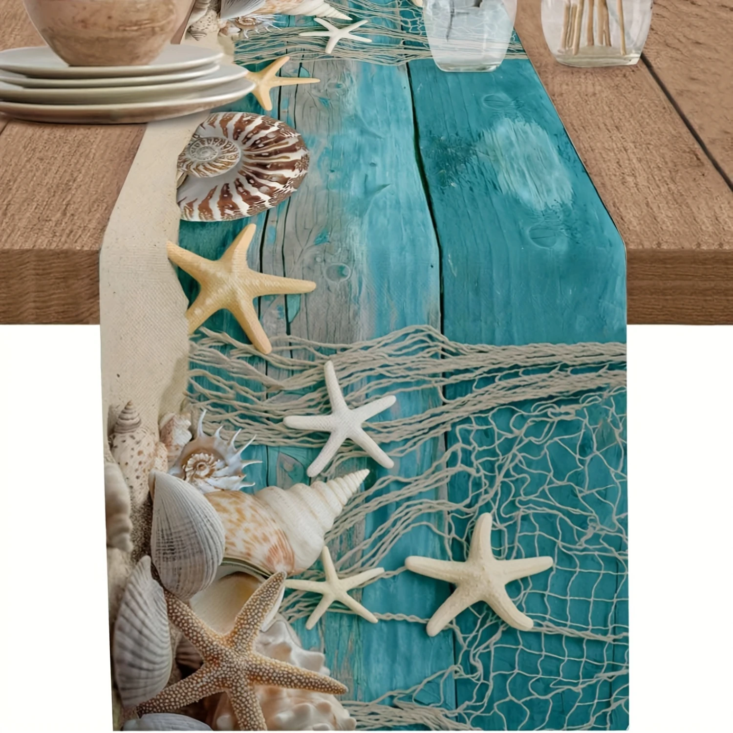2026 Coastal Starfish Shell Print Table Runner, Nautical Beach Style Runner For Summer And Home Decor