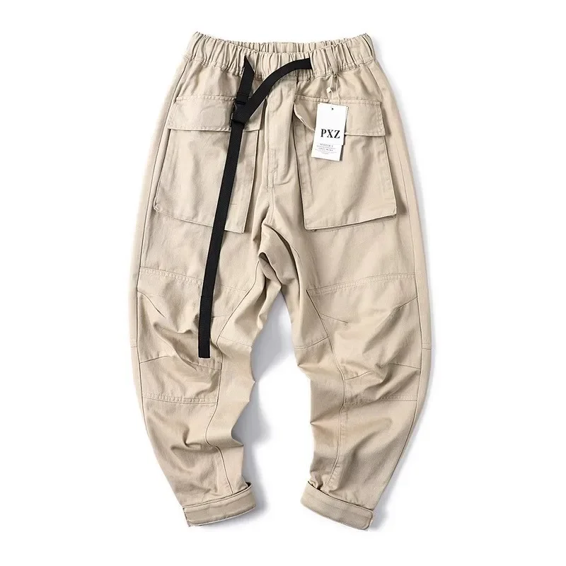 New Men Workwear Tapered Pants Retro Stereoscopic Multi Pockets Magic Buckle Casual Cargo Pants Outdoor Sports Jogging Trousers