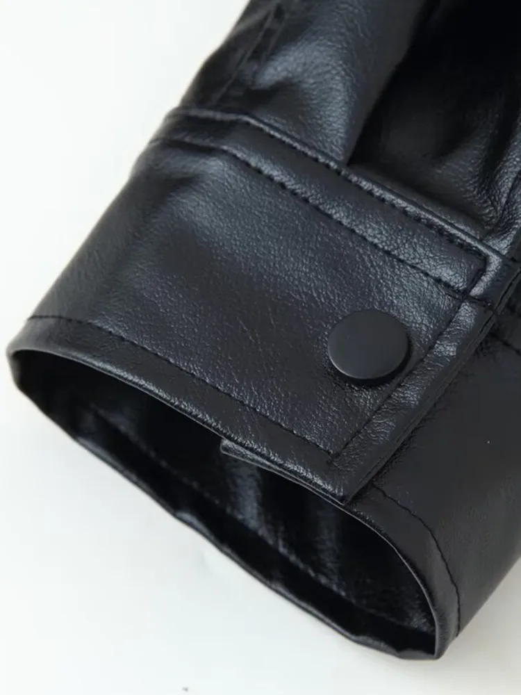 ZMEENNA Veste bombardier noire en simili cuir pour femme col haut fermeture éclair poches avant ourlet côtelé vêtements d'extérieur décontractés ZM4200