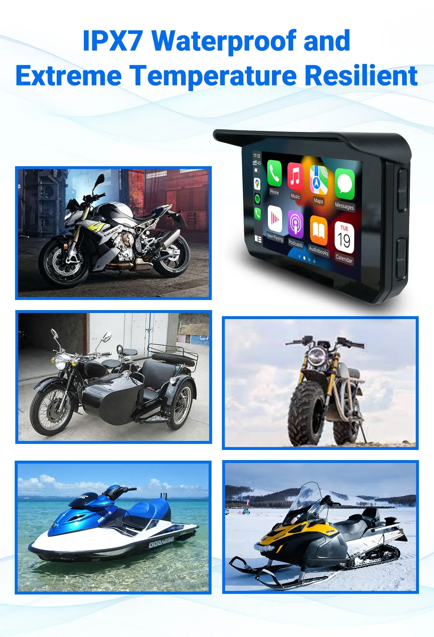Navigazione GPS portatile per moto da 5 pollici IP67 Supporto impermeabile Carplay e connessione wireless automatica Android con WIFI BT FM