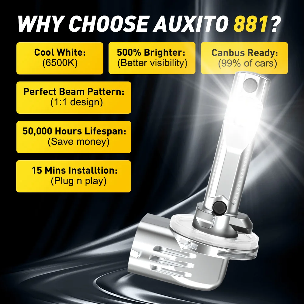 2Pcs AUXITO Canbus 881 H27W/2 LED Fog Light Bulb H27 Fog DRL Lamp 6500K Super Bright White 12V Fanless For Toyota Hyundai Kia