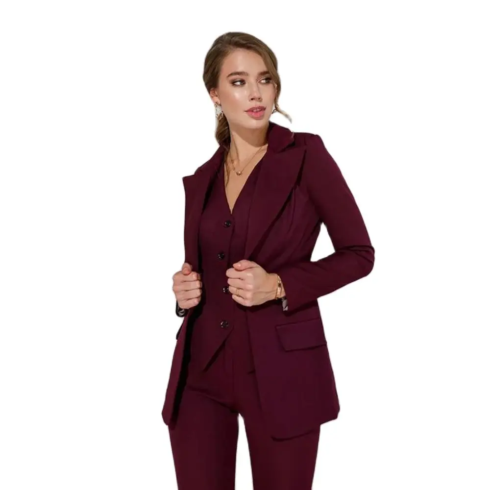 Smart Burgundy Suit for Women Single Breasted 3 Piece Pakcet Vest Pants Female Clothing Slim Fit Elegant Office Lady Blazer Set