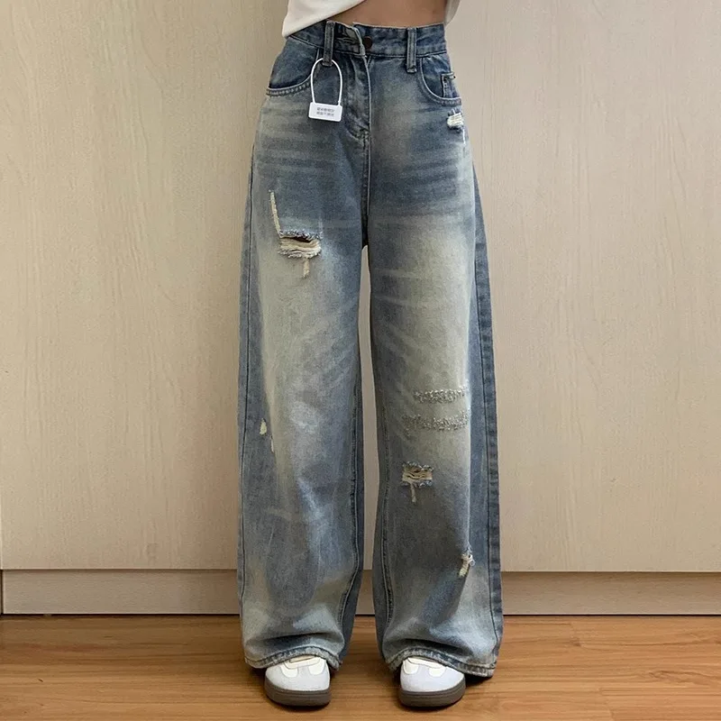 

Прямые джинсы с высокой талией в стиле ретро, женские утягивающие широкие брюки в американском стиле длиной до пола, весна 2026, хлопковая эластичная джинсовая ткань
