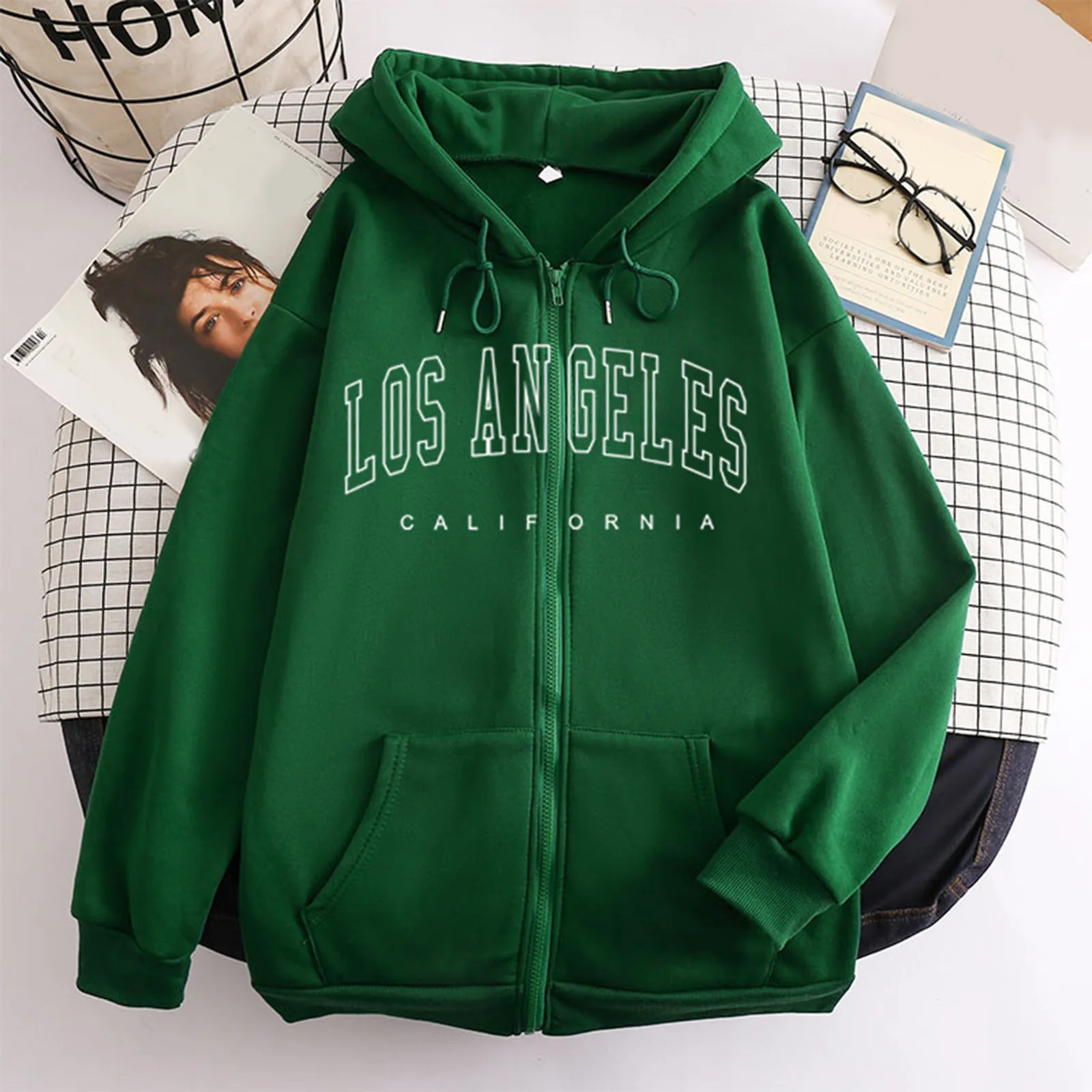 Los Angeles Letter Print Zip up Harajuku Hoodies Jacket Women Casual Oversized Sweatshirt Female Streetwear Pockets Hooded Coats