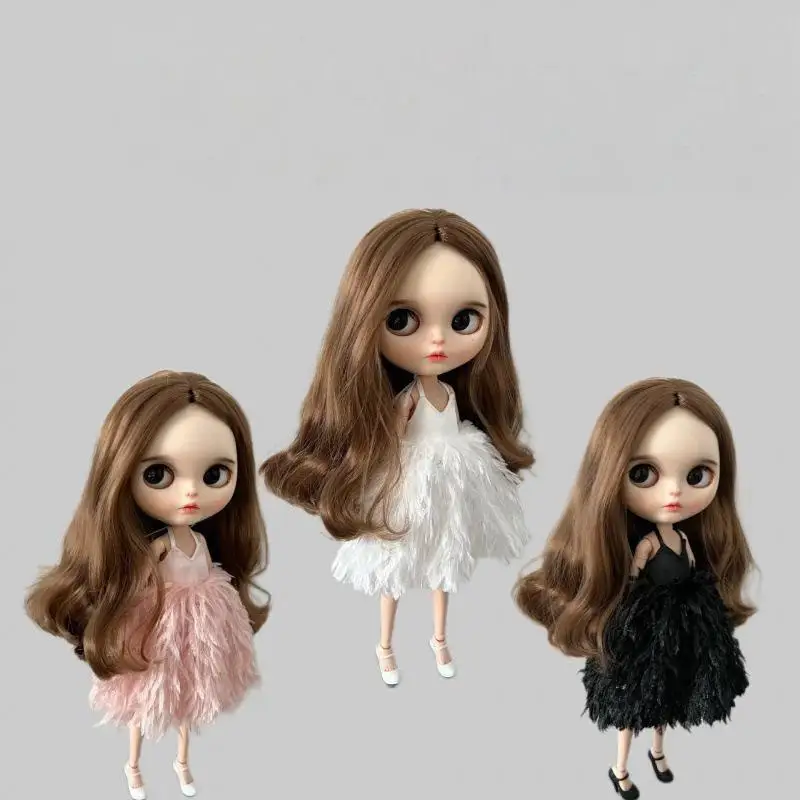 【M】1Pcs White Feather Doll Dress Halter Lace Mini Outfit Elegant Handmade Clothes For 1/6 Doll Wedding Party Decoration