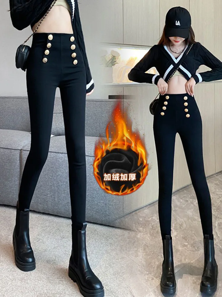 Fashion Women's High-elastic Double-breasted Tight-fitting High-waisted Slimming Pants 2026 Autumn New XJ621