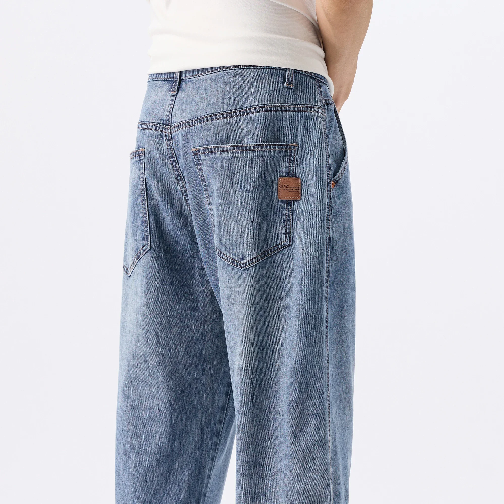 Lyocell لينة فضفاضة الجينز الرجال الصيف رقيقة شخصية واسعة مستقيم السراويل موضة خمر سراويل جينز الذكور الشارع الشهير