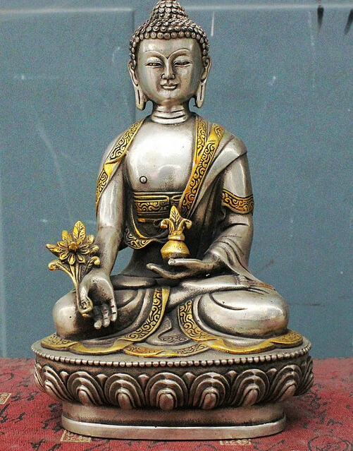 

decoration Tibet copper silver 8" Tibet Buddhism Temple Silver Gilt Shakyamuni Menla Medicine Buddha Statue