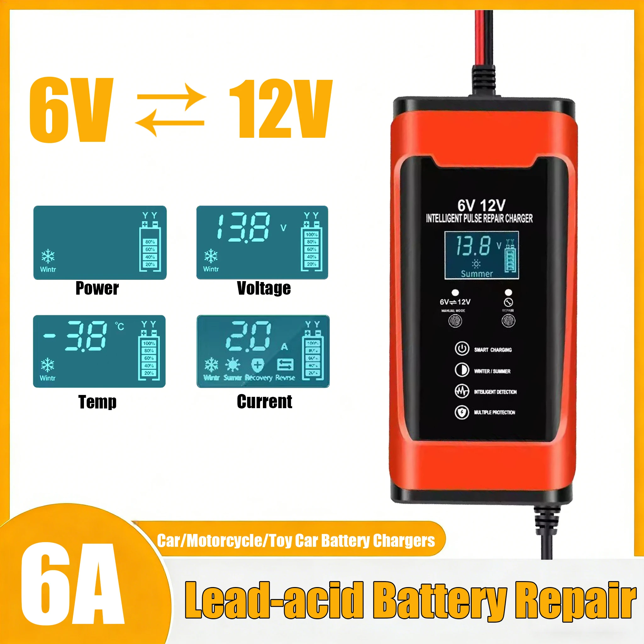 6V 12V 6A Car Battery Charger Lead-Acid Battery Repair Toy Cars Motorcycles Universal Smart Fast Charge Cycle For GEL Lead-Acid