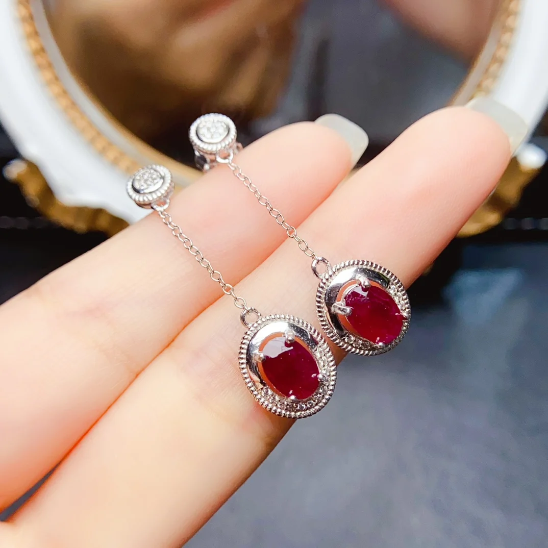 FS S925 Sterling Silver Inlay 5*7 Natural Ruby Earrings for Women Fine Charm Weddings Jewelry Certificate MeiBaPJ Official Store