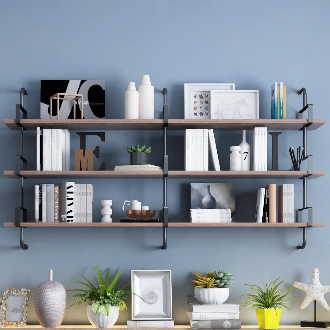 Nordic solid wood wall shelf, wrought iron wall wall hanging bookshelf baffle living room water pipe decoration