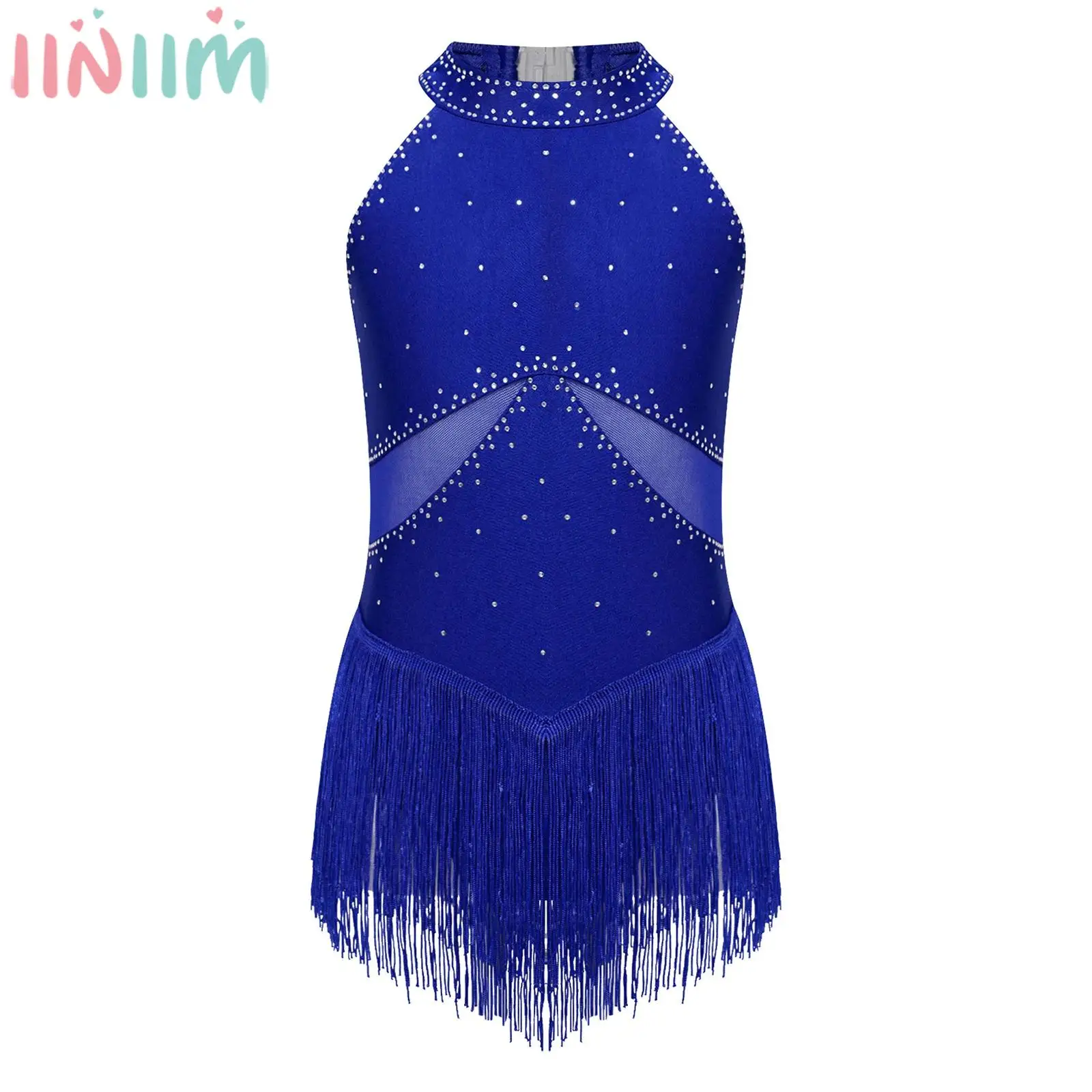 Girls Figure Skating Leotard Dress Latin Dance Tango Cha-Cha Samba Rumba Costume Sleeveless Tassel Rhinestone Mesh Bodysuit