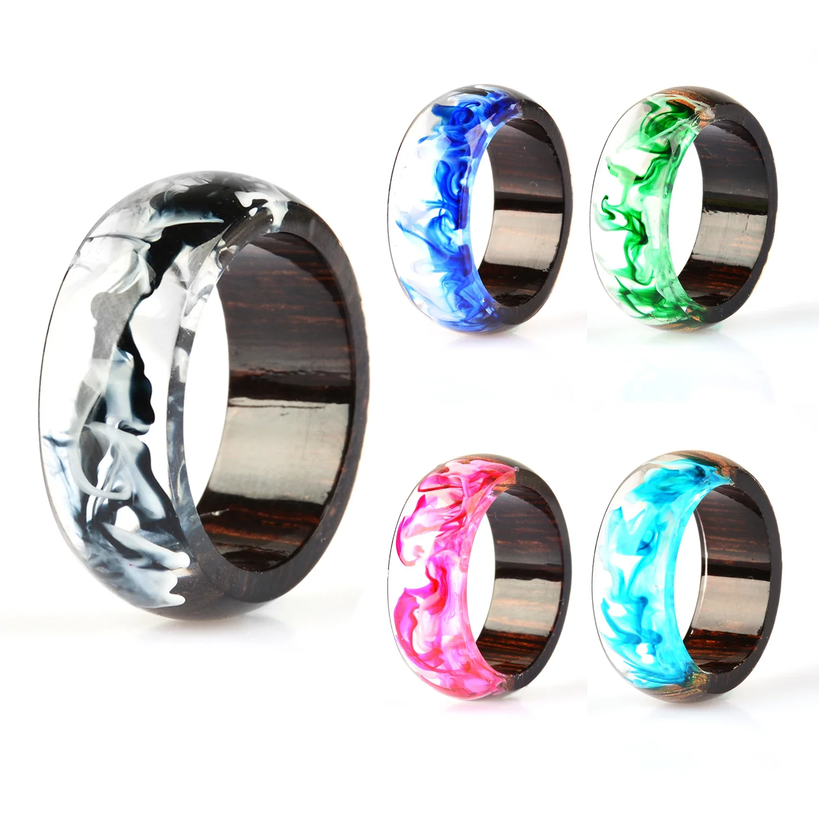 2020 New Hot Sale Unisex Charm Clear Wood Resin Ring Handmade 5 Colors Epoxy Ring Colorful Round Personality Rings for Women