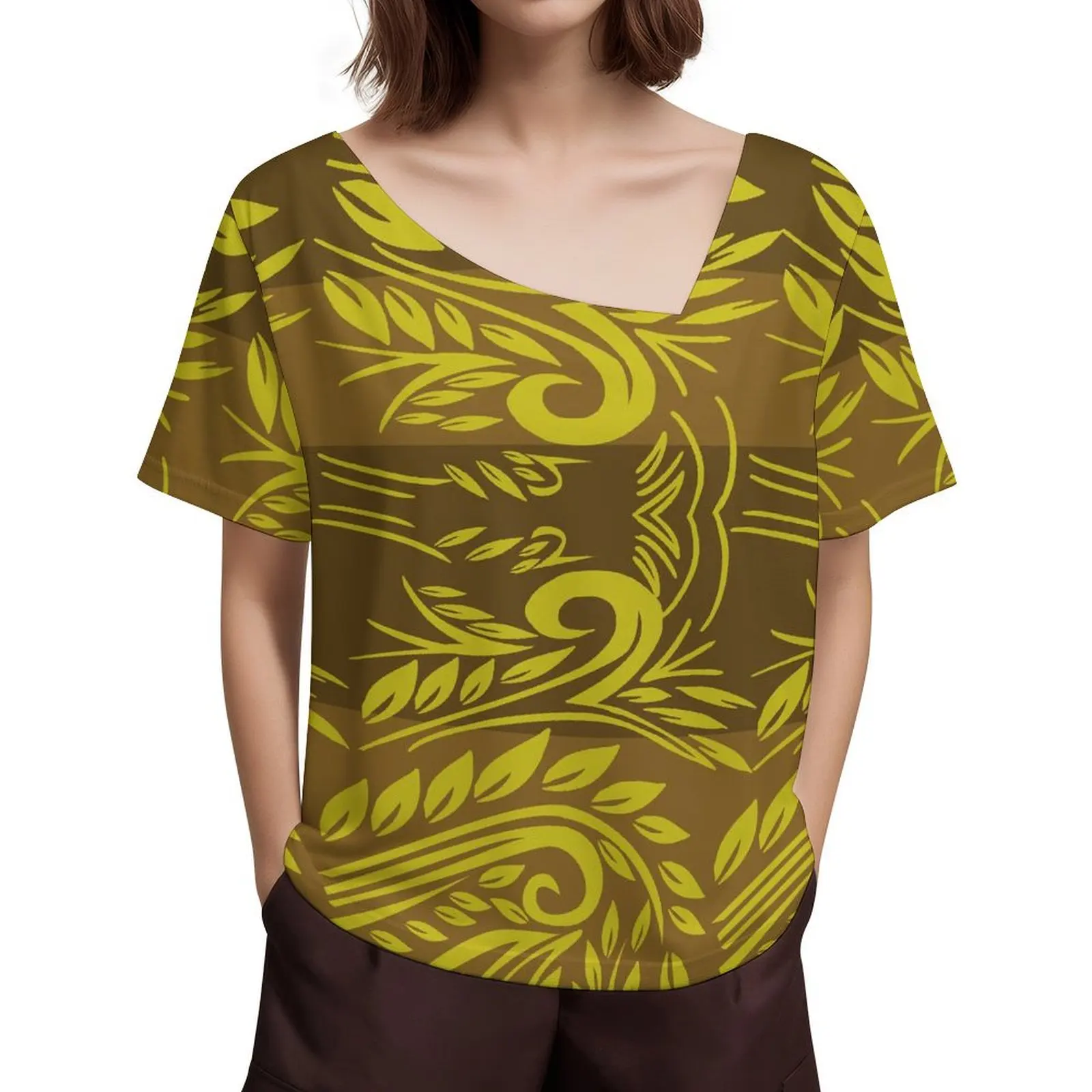 Fashion Sexy Short Neckline Design Women Short Sleeve Top Custom Traditional Polynesian Art Print Design Casual Women Wear