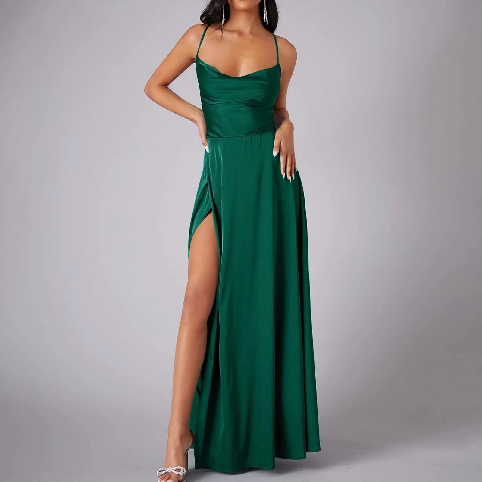 Sexy Green Stain Wedding Bridesmaid Dress for Women Elegant High Slits Swing Neck Evening Prom Dress Ladies Backless Party Robe