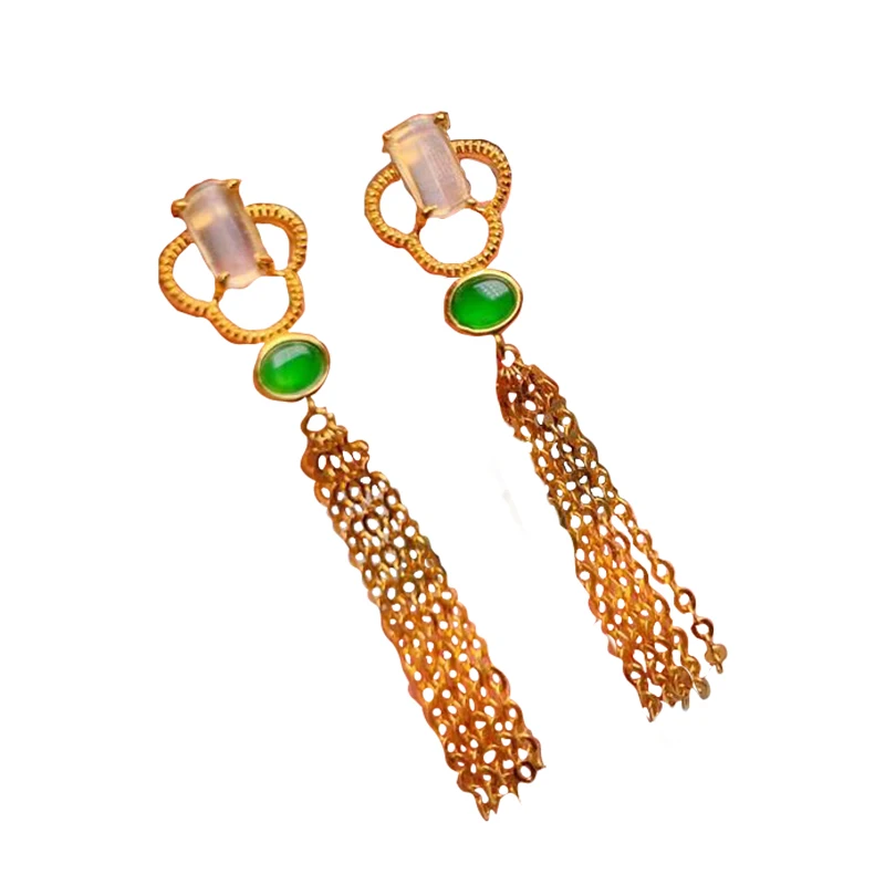 Boucles d'oreilles à frange en calcédoine hémienne naturelle pour femme, bijoux à breloques de luxe, style chinois rétro, léger et aristocratique