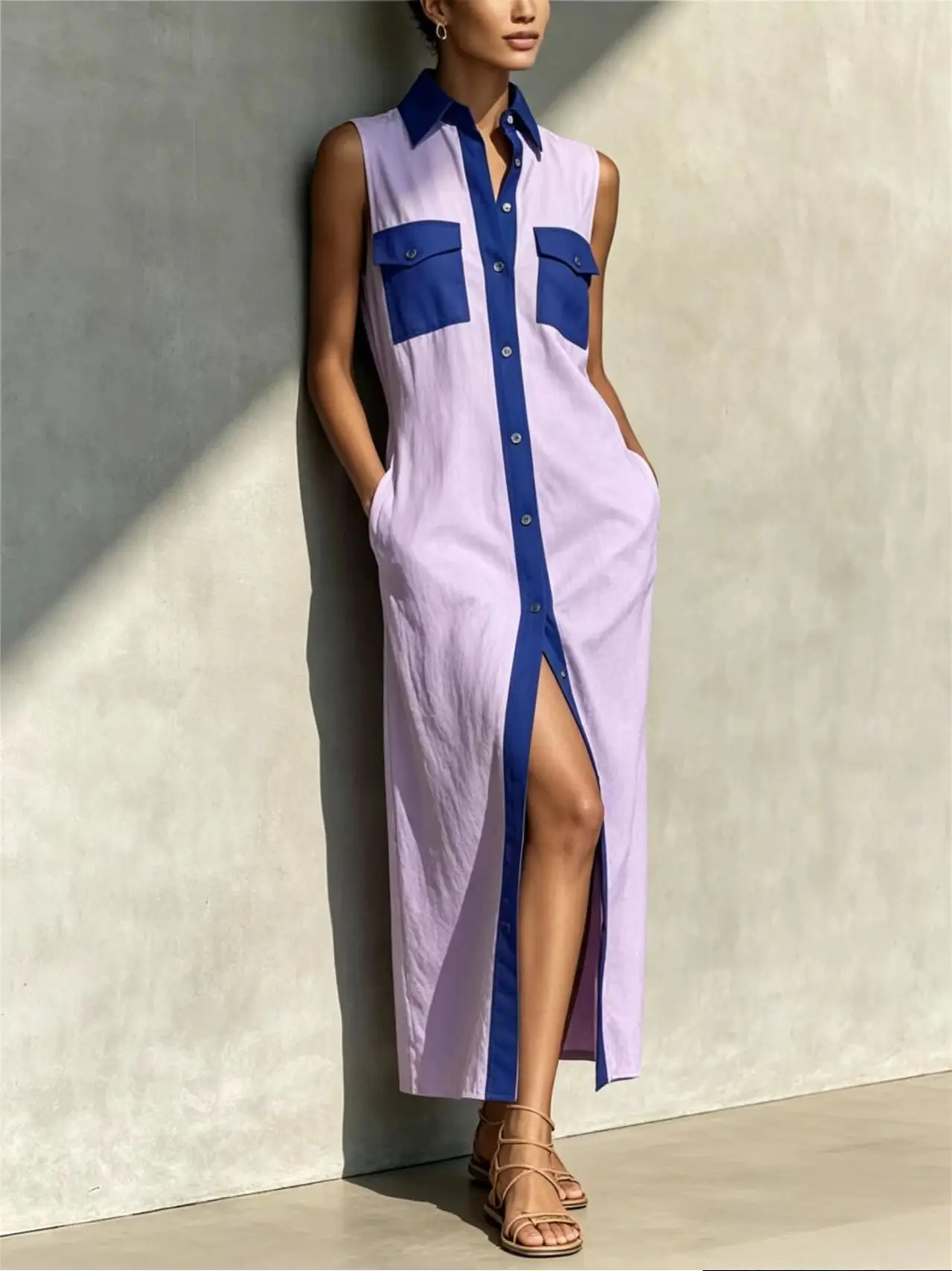 European and American Color-Blocking Notchless Sleeveless Shirt Dress with Double Pockets and Split Hem - Cotton-Linen Casual Re