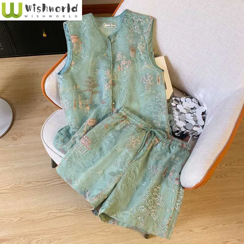 

Spring and Summer New Chinese Style Set of Women's Mulberry Silk and Organza Heavy Rust Flower Short Top+shorts Two-piece Set