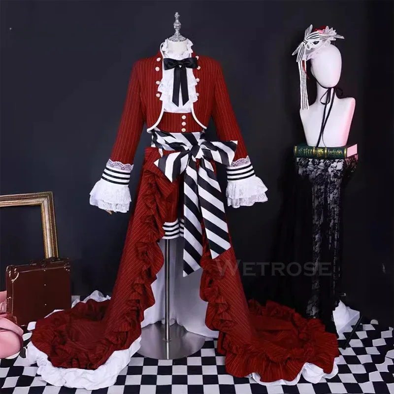 Ciel Black Tea Cup Cosplay Costume Butler Victorian-style Gown Red Gothic Lolita Long Dress Set Wig Halloween Xmas