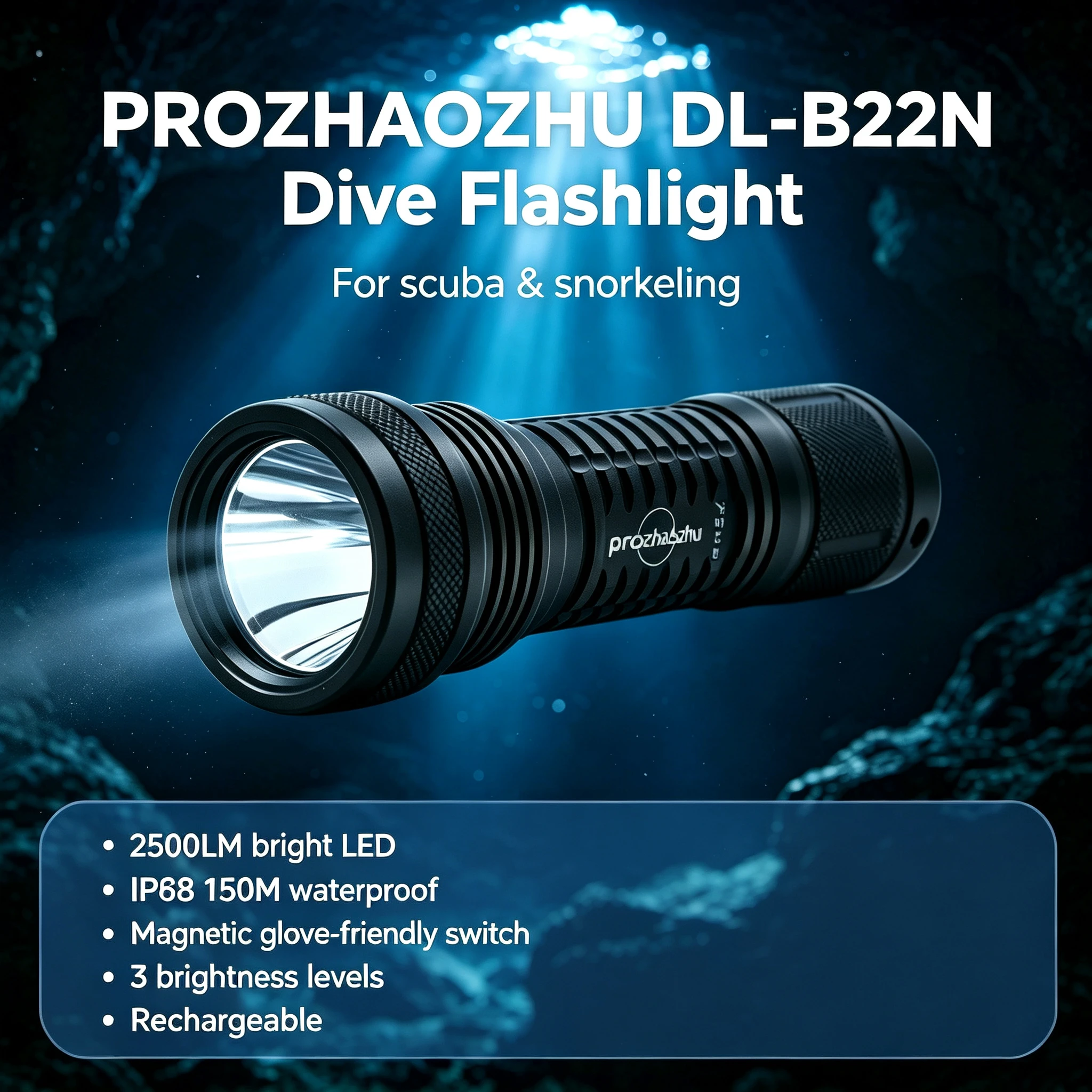 

PROZHAOZHU DL-B22N 2500LM SFT40 Durable Dive Torch IP68 150M Deep Waterproof Magnet Switch 26650 Rechargeable Scuba Flashlight