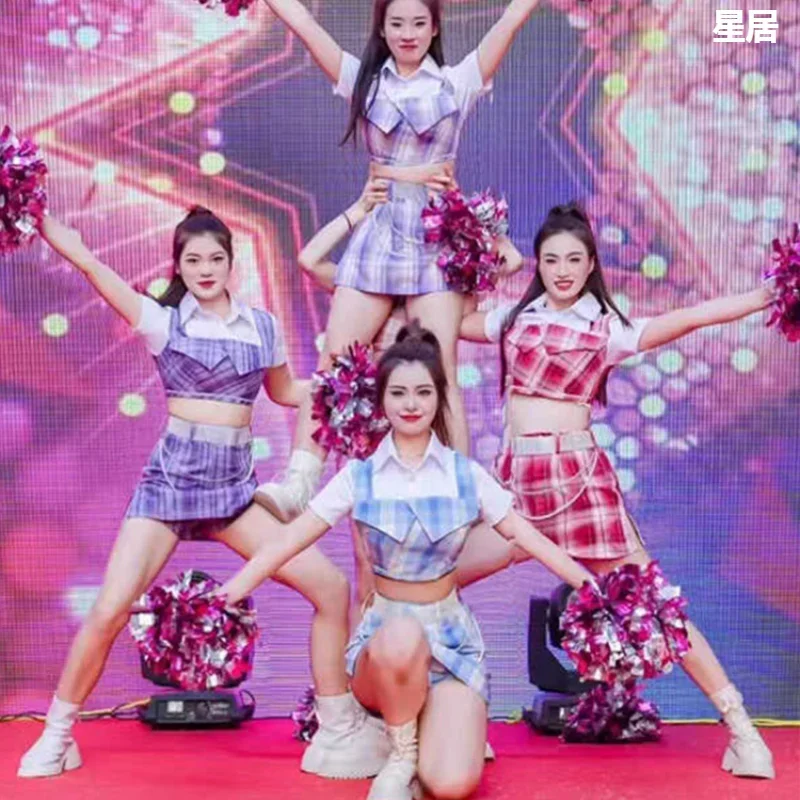 

2025 New Kpop Stage Performance Costume Women Group Plaid Shirt Slim Tops Short Skirt Sexy Set College Style Jazz Dance Outfits