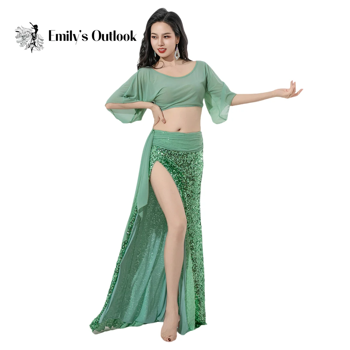 Brilho lantejoulas dança traje feminino solto dança do ventre topo sexy lado dividir saia longa fio de água dancewear prática palco mostrar 2025