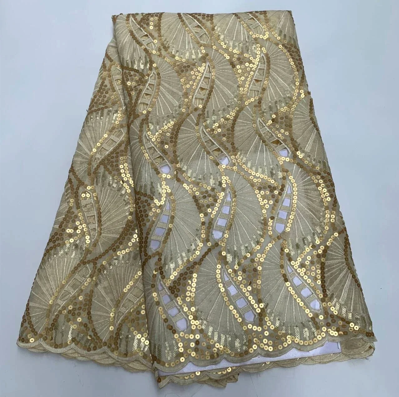 

5 Yard Hot Organza French Lace With Sequins African Tulle Cord Guipure Lace Net Embroidered Fabric For Wedding Party PSJF1082