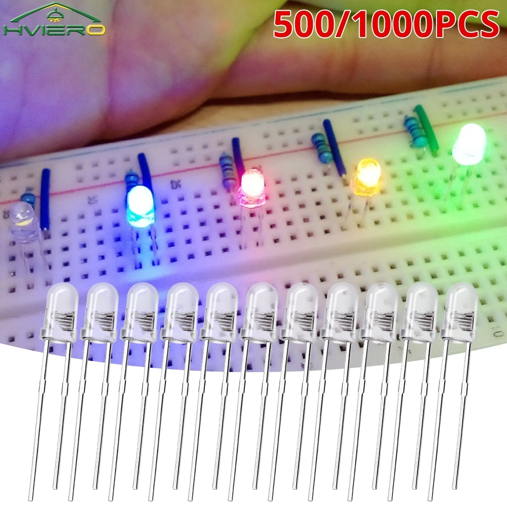 500/1000PCS 3mm 라운드 다이오드 전자 부품 흰색 빨간색 노란색 파란색 녹색 밝은 발광 모듬 키트 전구 Led 램프