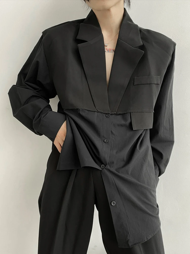 [LANMREM] Designer Spliced Long Sleeve Shirts Women Notched Single Breasted Loose Blouses Fashion Tops 2024 Autumn New CP2991