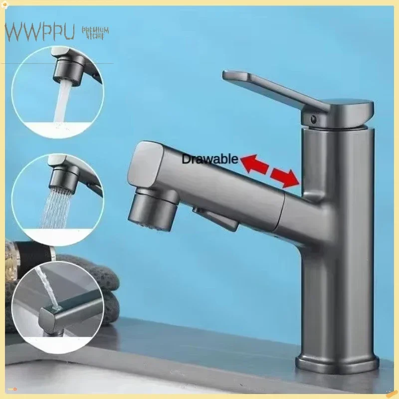 WWPPU Single Handle Dual Hole Bathroom Sink Mixer Faucet Pull Out Bathroom Washbasin Faucet Brass Bathroom Basin