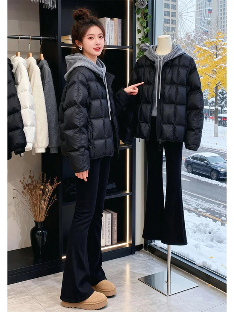 

Thi вязаное лоскутное пуховое пальто с капюшоном для женщин больших размеров, зимняя теплая верхняя одежда, повседневная длинная свековая клетчатая одежда