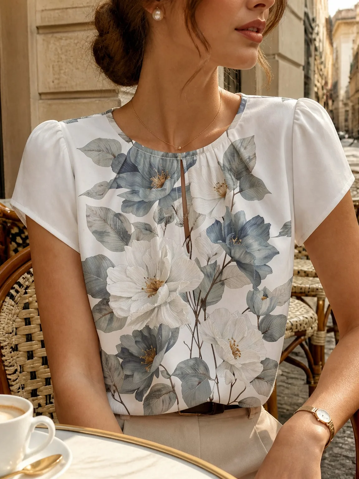 Women Gathered Crew Neck T Shirt, Front Keyhole Cutout Puff Short Sleeve Loose Summer Daily Tee