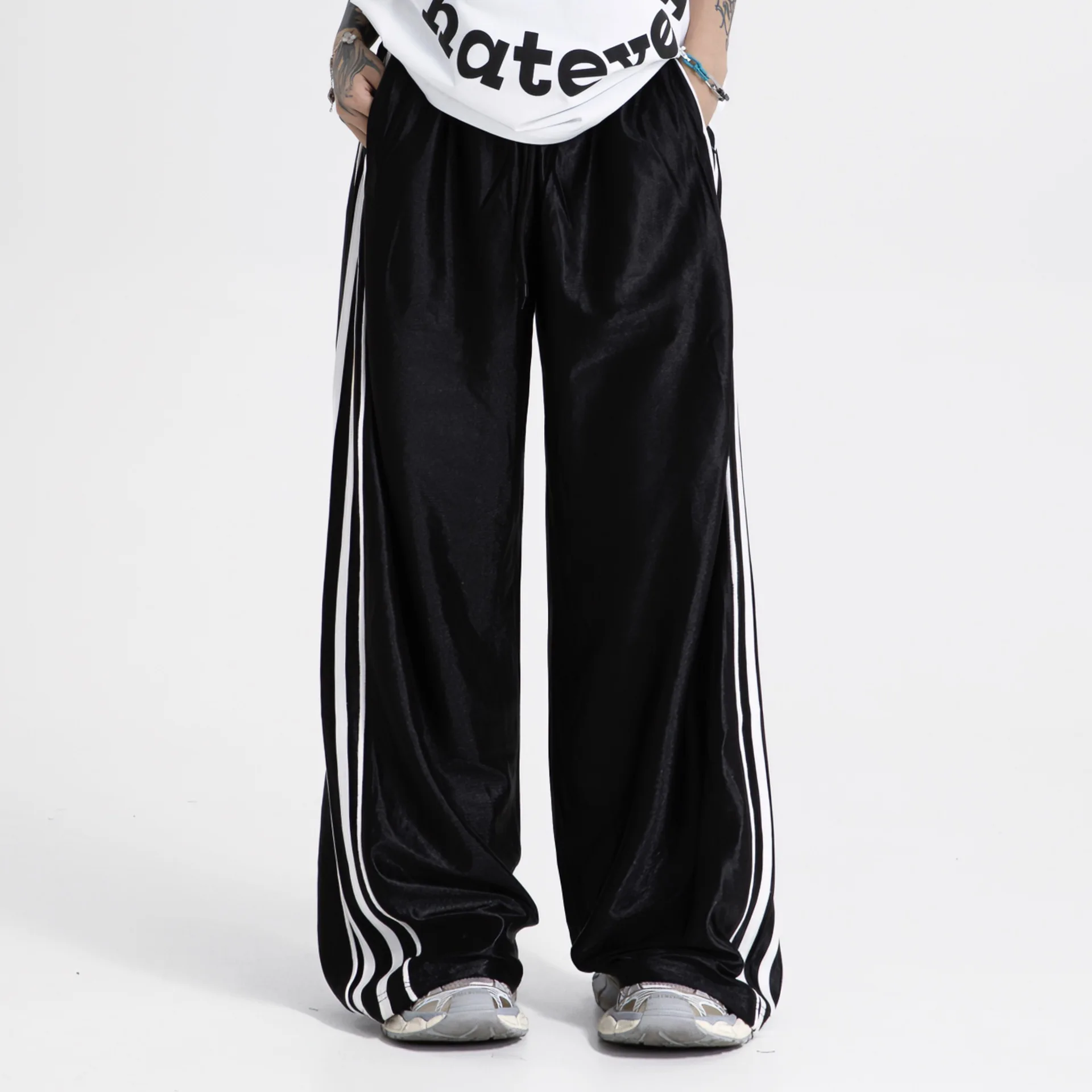 

Ultra-Thin Light Sensation Acetate Side Stripe Loose Sports Casual Pants Men Women Summer Drapey Wide Leg Floor-Length Trousers
