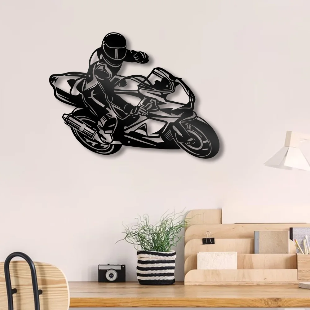 Motorcycle racer Metal Hanging Wall Art Plaque Black Letter Silhouette Cafe Kitchen Dining Room Decoration Bar Pub Club Poster