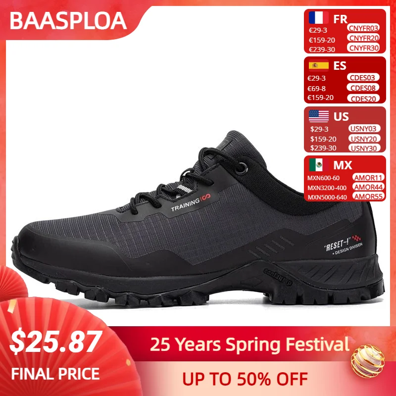 Baasploa New Men's Anti-Skid Wear-Resistant Hiking Shoes Fashion Waterproof Outdoor Travel shoes Sneaker Comfortable Male Shoes